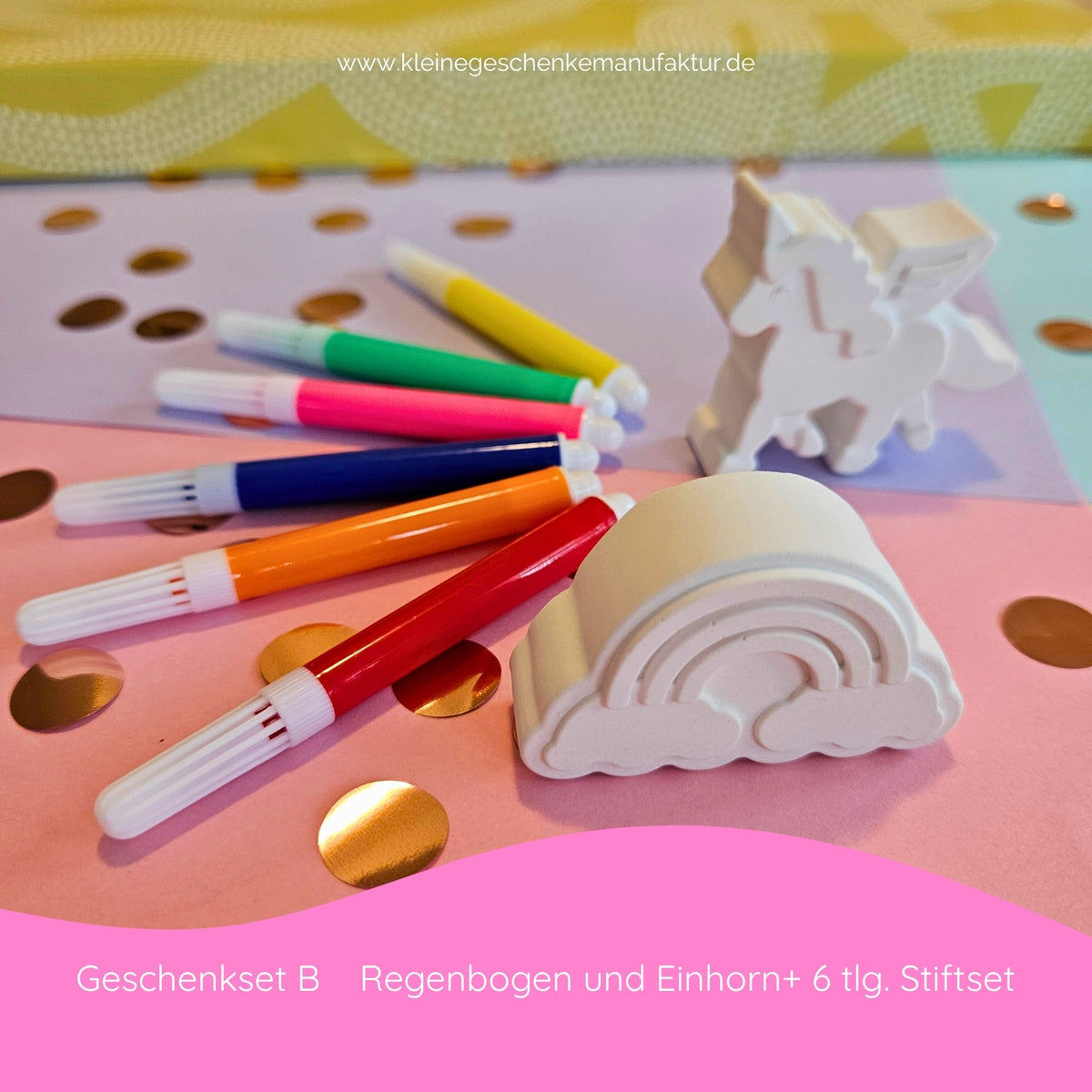 Einhorn Kreativset für Kinder zum Bemalen mit handgegossenen Einhorn Figuren, Regenbogen und Filzstiften als besondere Geschenkidee