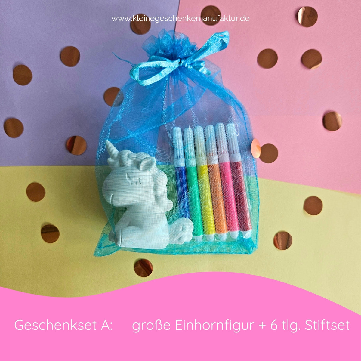 Handgemachtes Einhorn Geschenk aus deutscher Manufaktur mit Figuren aus Keramikgießpulver zum Bemalen als hochwertiges Kreativset für Kinder