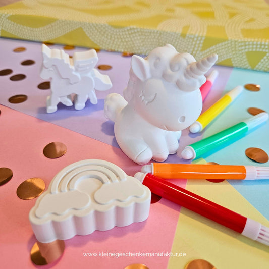 Hochwertiges Einhorn Malset für Kinder mit handgegossenen Figuren aus Keramikgießpulver als kreatives Geschenk und Mitbringsel Made in Germany