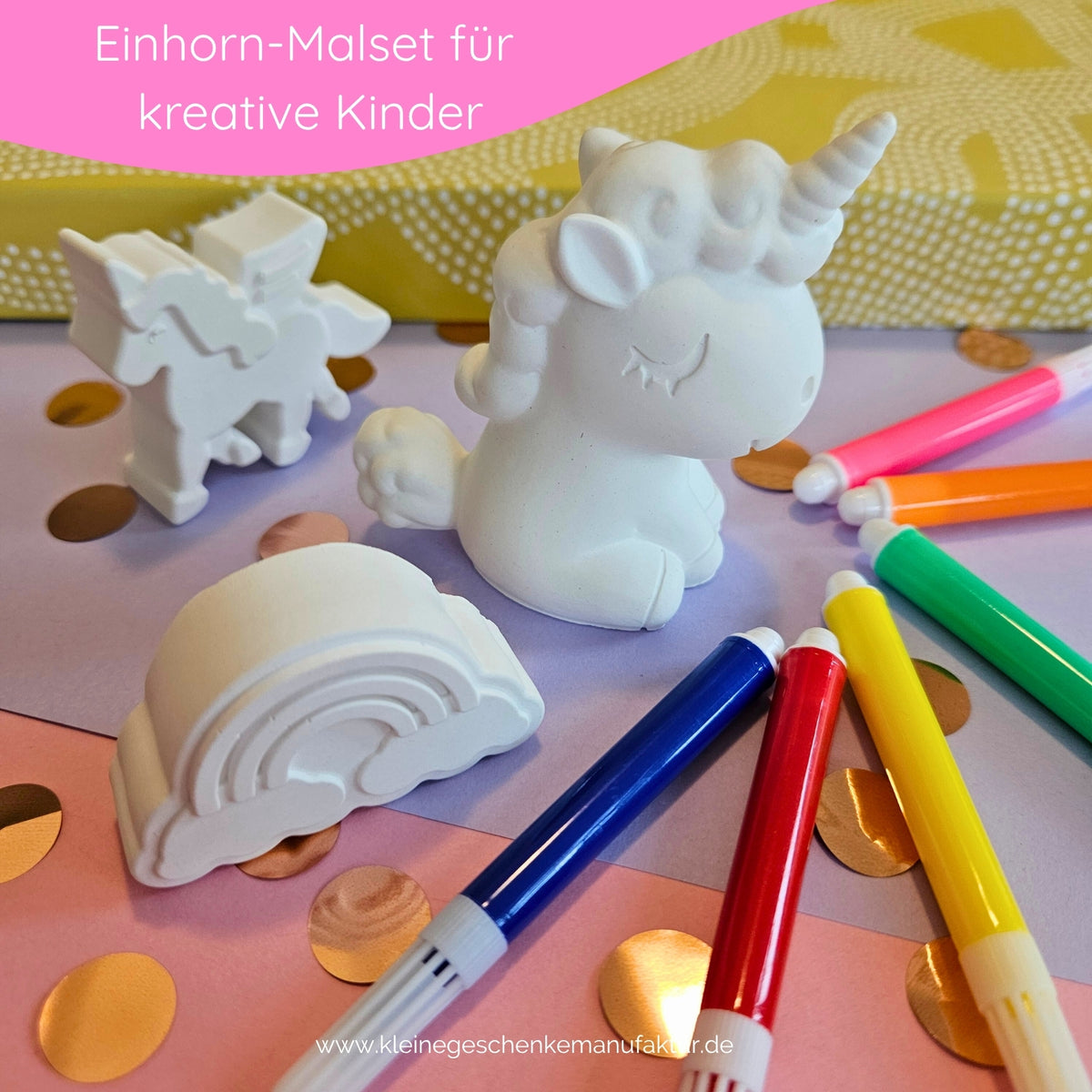 Große handgegossene Einhorn Figur aus Keramikgießpulver ca. 7 cm hoch und 6 cm breit zum Bemalen mit Filzstiften für Kinder