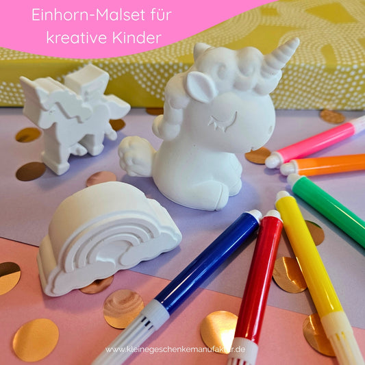Große handgegossene Einhorn Figur aus Keramikgießpulver ca. 7 cm hoch und 6 cm breit zum Bemalen mit Filzstiften für Kinder