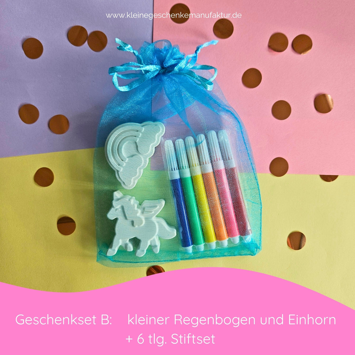 Einhorn Geschenk für Kinder mit großer handgegossener Einhorn Figur und 6 Filzstiften zum Bemalen als besondere Geschenkidee zum Geburtstag