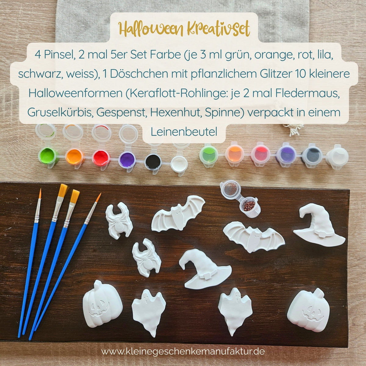 Halloween Malset und Kreativset für Kinder mit 10 Figuren zum Bemalen, Temperafarben, Pinseln, pflanzlichem Glitzer und Leinenbeutel als besonderes Halloween Geschenk