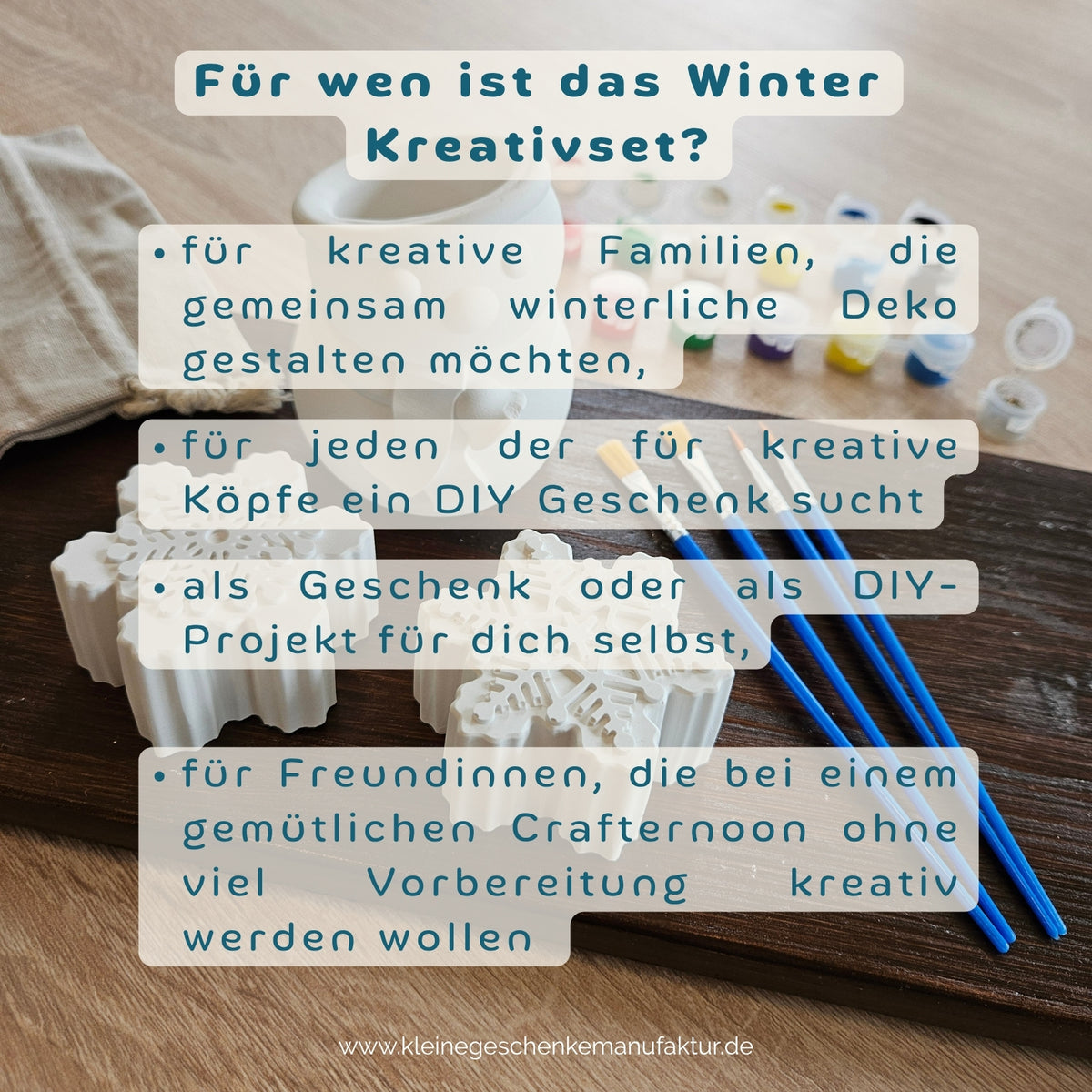 Das Winter Kreativset für Kinder kommt genau dann gelegen, wenn es draußen kalt ist und drinnen langsam die Beschäftigungsideen ausgehen. Statt Farben, Pinsel und Bastelsachen zusammenzusuchen, packt ihr einfach das Set aus – und könnt direkt mit Schneemann und Schneeflocken loslegen.