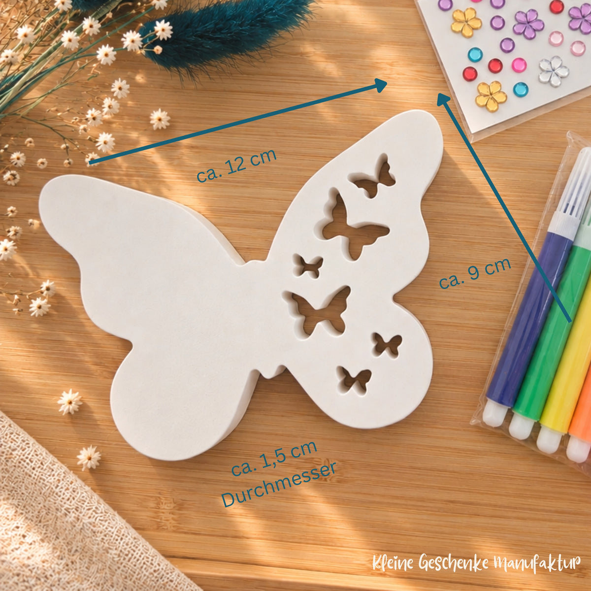 Handgegossener Schmetterling zum Bemalen aus Keramikgießpulver, ca. 12 × 9 × 1,5 cm, kreatives Geschenk für Kinder