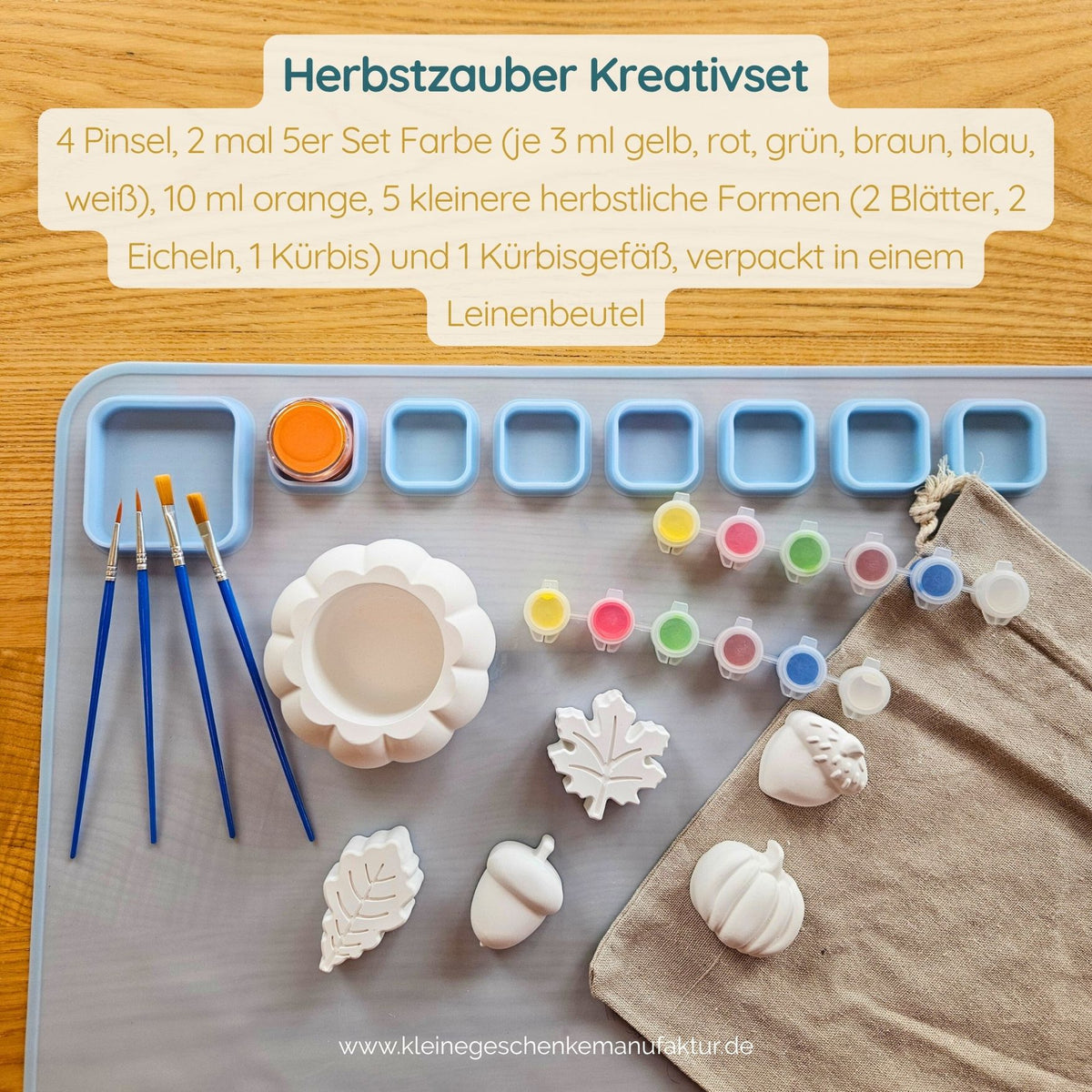Herbst Malset für Kinder mit 6 Figuren zum Bemalen, Farben und Pinseln als kreative Beschäftigung im Herbst