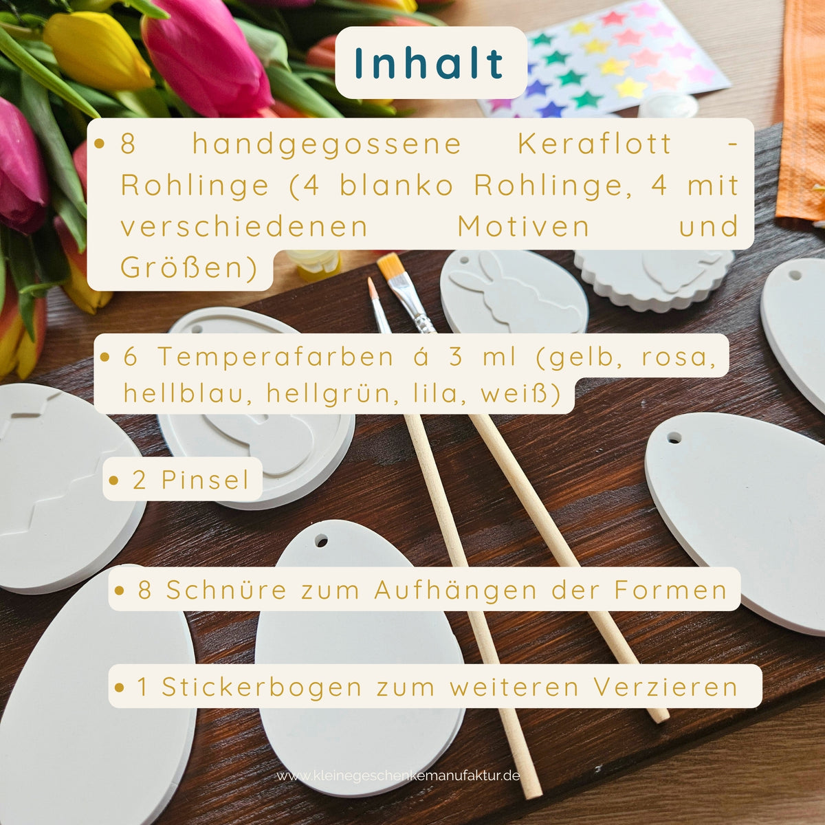 Oster Kreativset mit 8 Ostereiern zum Bemalen, 6 Temperafarben, 2 Pinseln, 8 Schnüren und Stickerbogen. Das komplette Oster Bastelset für Kinder enthält alles, um Osteranhänger und Osterbaumschmuck selbst zu gestalten.
