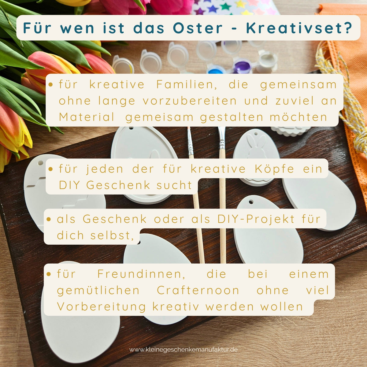 Oster Bastelset für Kinder mit sechs frühlingshaften Temperafarben und buntem Stickerbogen zum Verzieren der Ostereier. Damit können Kinder ihre Osteranhänger selbst gestalten und individuelle Osterdeko für Osterbaum und Osterstrauch bemalen.