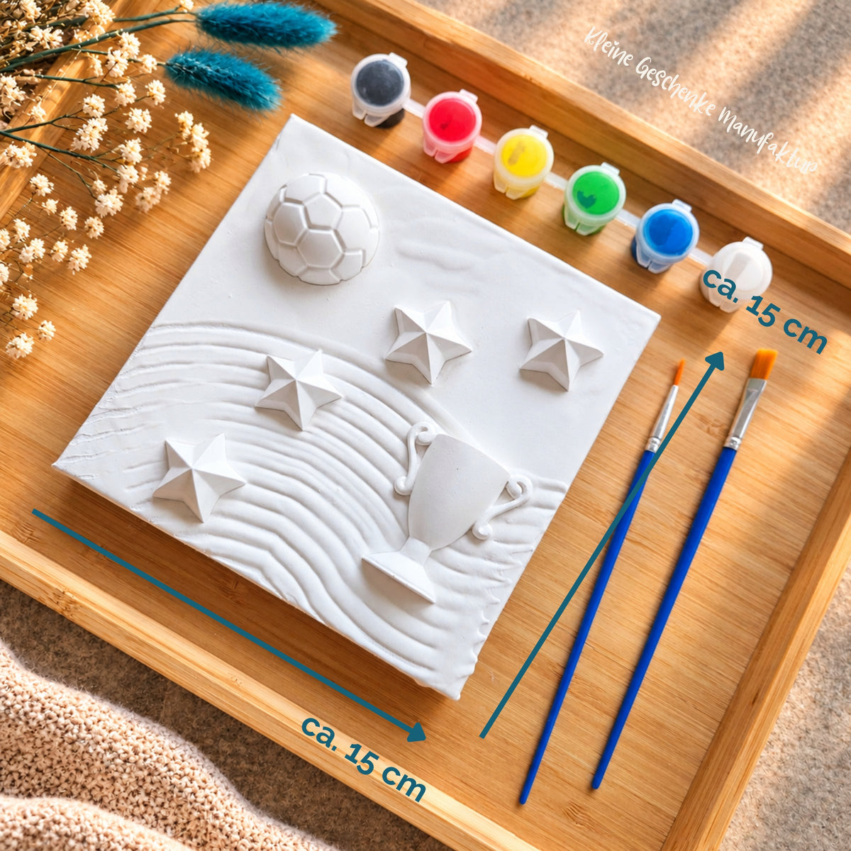 Fußball Strukturbild 15 x 15 cm für Kinder zum Bemalen – kreatives Geschenk mit Fußball, Pokal und Sternen