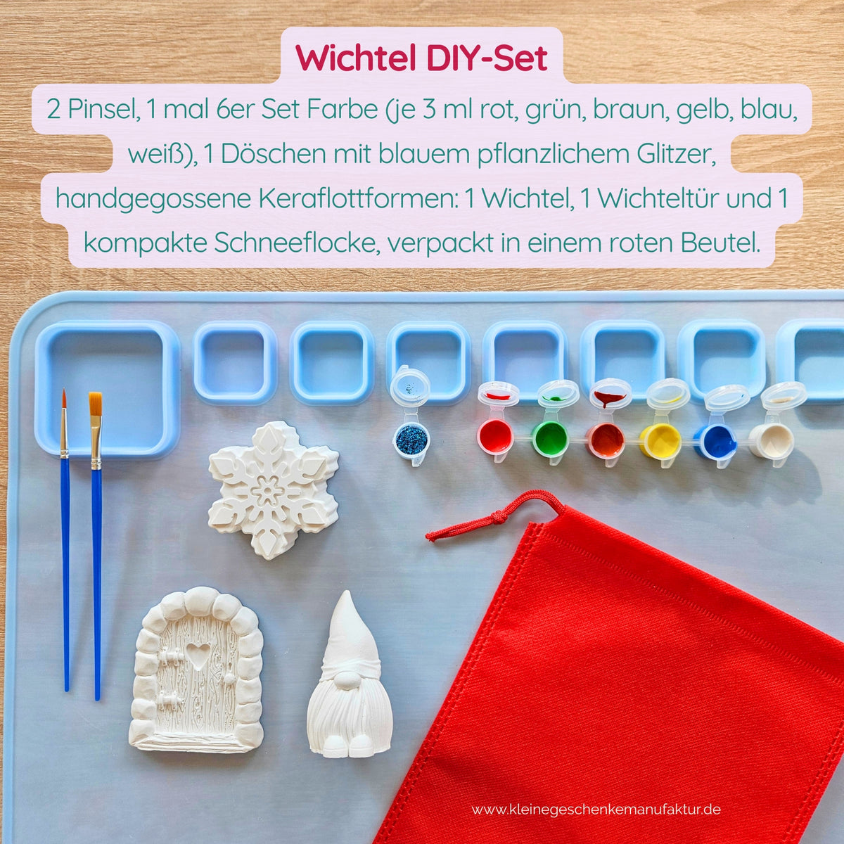Wichtel Kreativset für Kinder zum Bemalen mit handgegossener Wichteltür, Weihnachtswichtel und Schneeflocke für Advent und Wichteleinzug